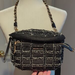Michael Kors Black and White Tweed Crossbody Bag With Chain Detailing